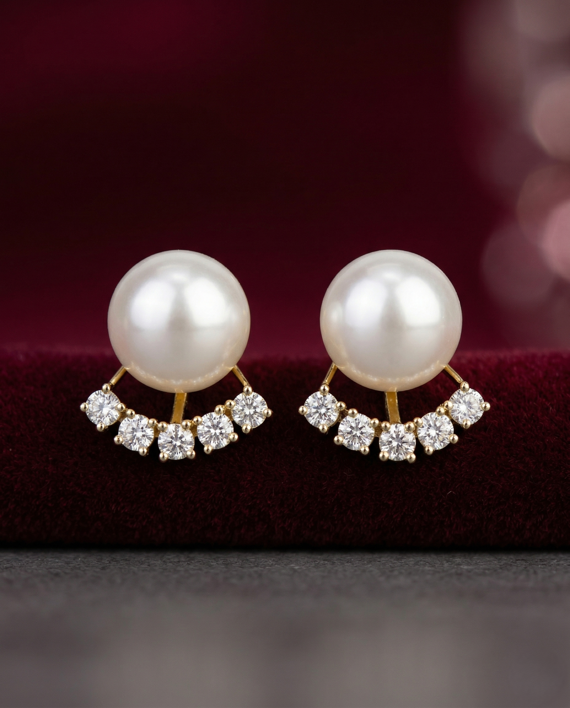 Lunara Arc Pearl Studs – Pearl & Diamond Curve Earrings in Gold Finish