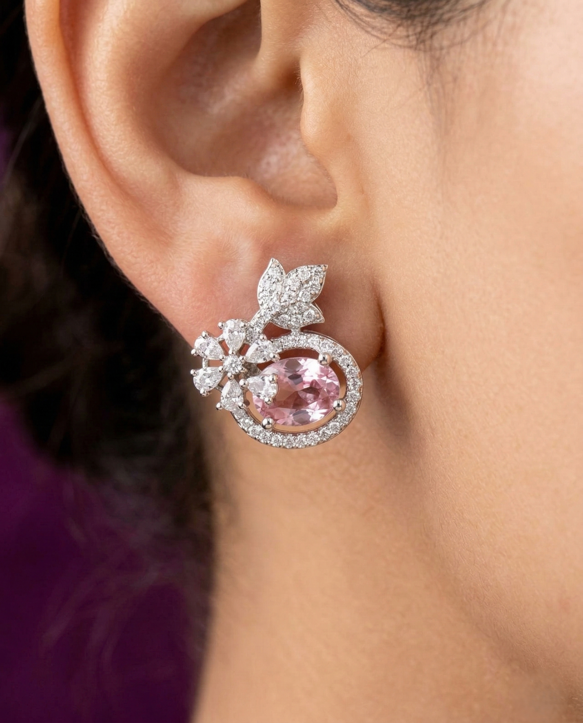 Butterfly Floral CZ Designer Stud Earrings – Silver Finish | 10 Colour Variants