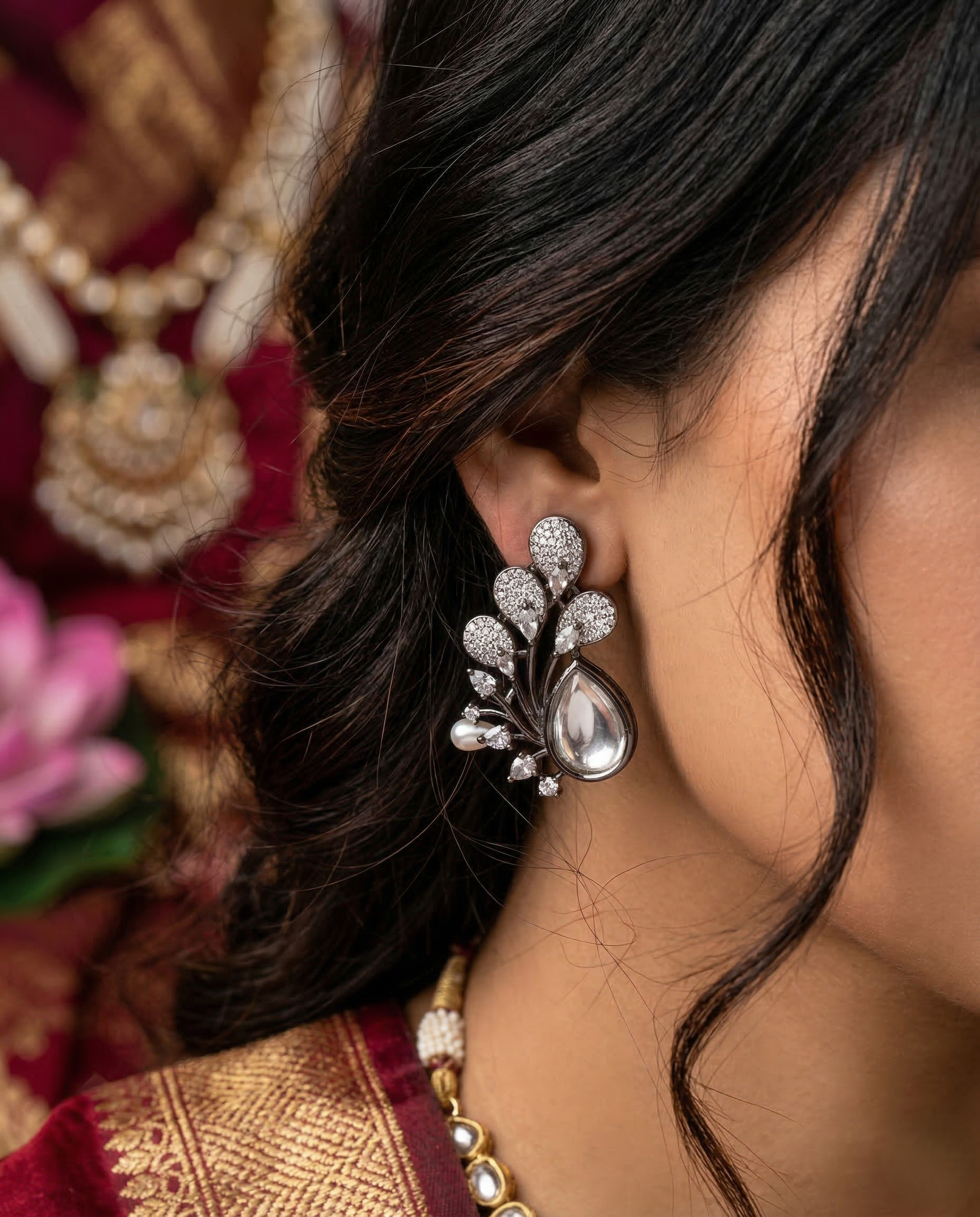 Premium Oxidised Black Designer Stone Earrings for Women with Pearl Drop
