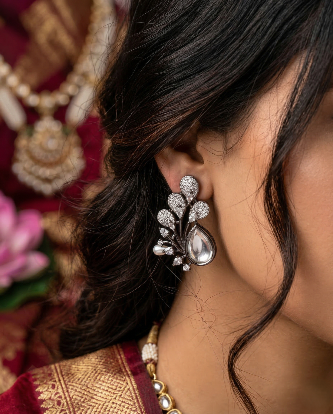 Premium Oxidised Black Designer Stone Earrings for Women with Pearl Drop