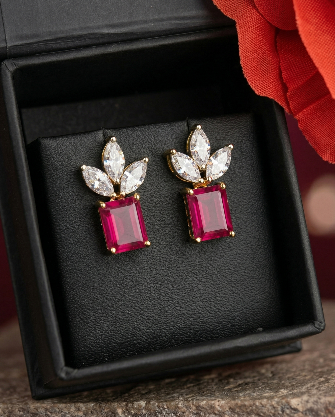 Premium Regalia Prism Studs – Gold Polish Emerald Cut Diamond Earrings (Multi Color)