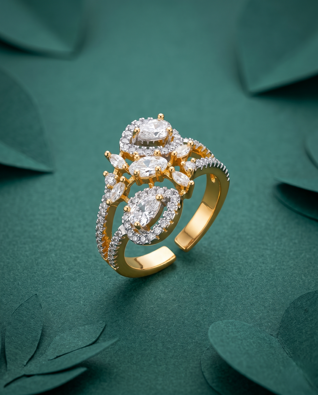 Tri Stone Designer Diamond Ring Gold Plated Adjustable (White / Green / Red)