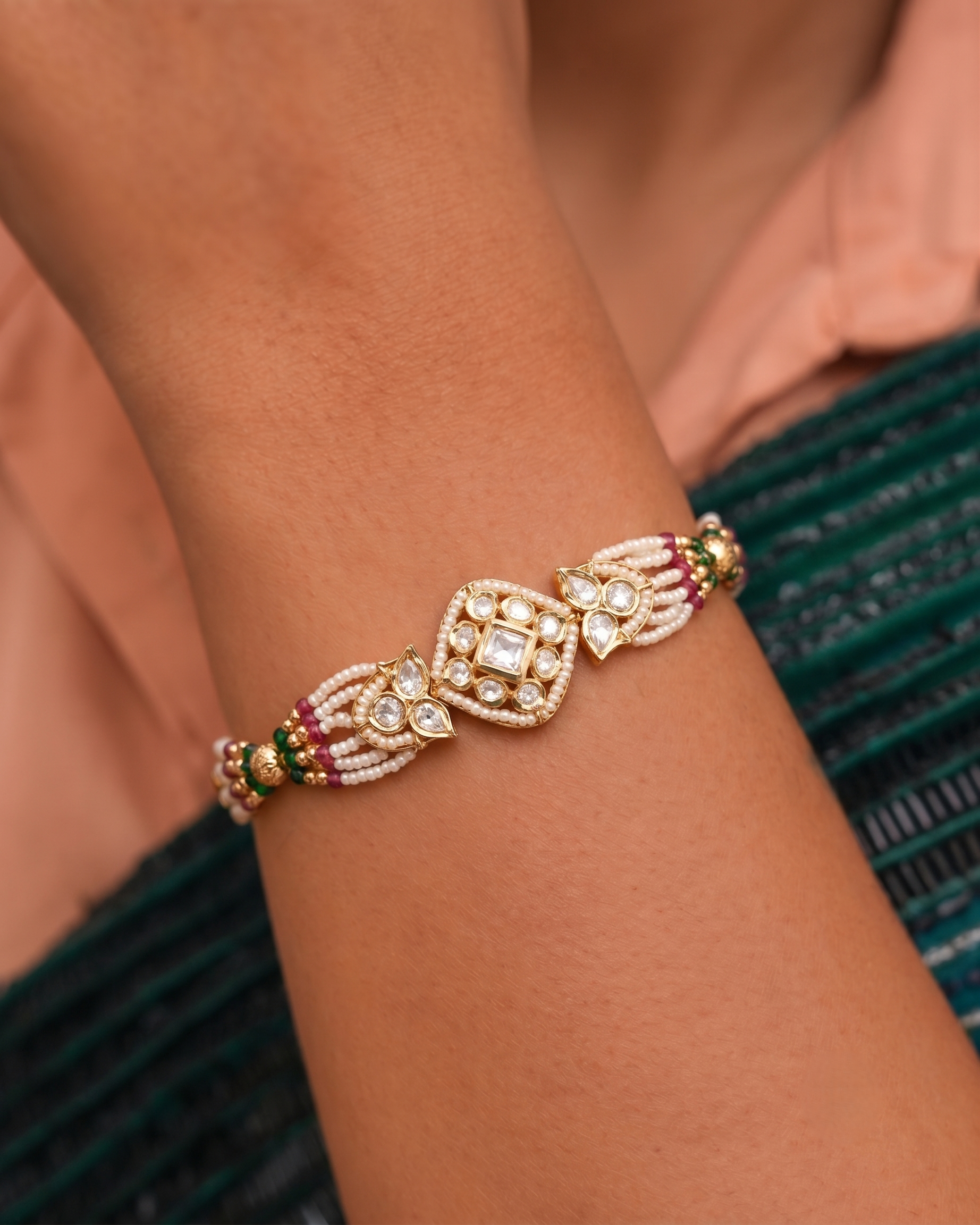 Luxury Royal Pearl Kundan Hand Bracelet / openable  for Women