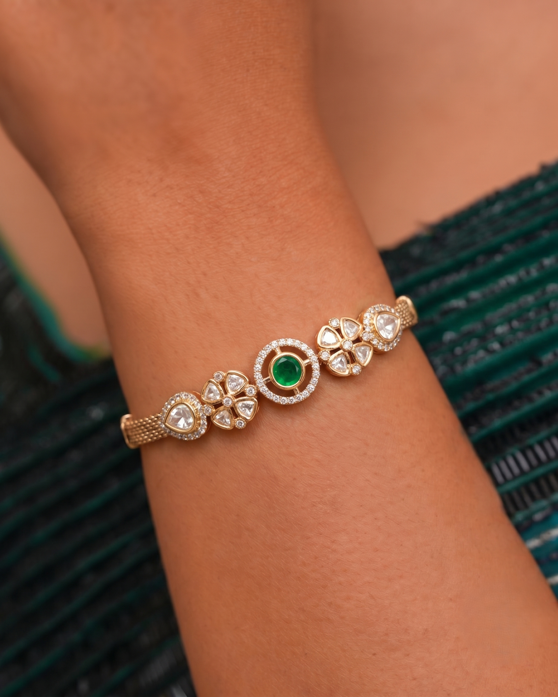 Kundan Statement Bracelet CZ – Green & Ruby Centerpiece - Mehandi Polish