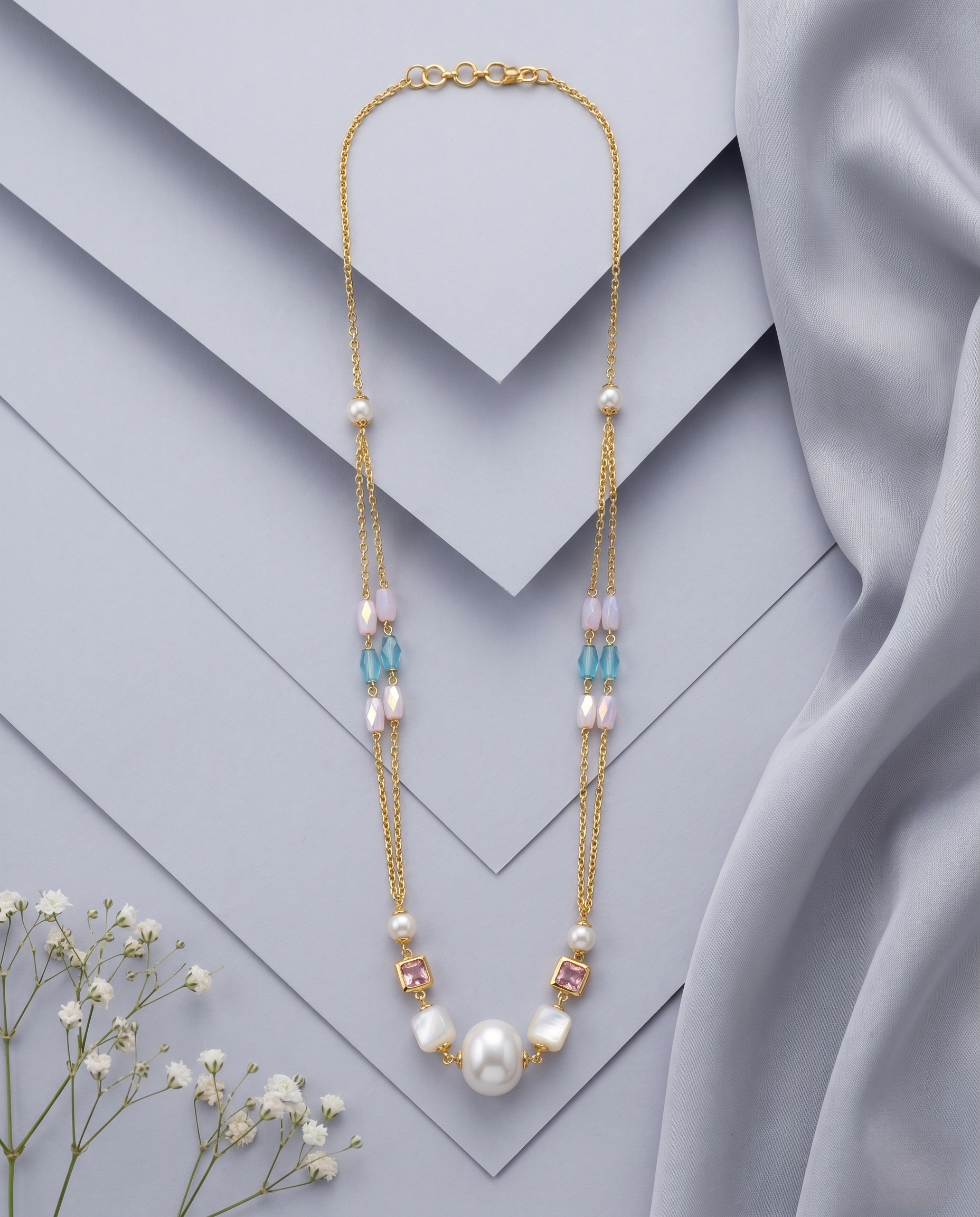 Handmade Baroque Pearl, Opal Crystal & Pastel Stone Mala Necklace Set with Matching Faceted Opal Crystal Earrings