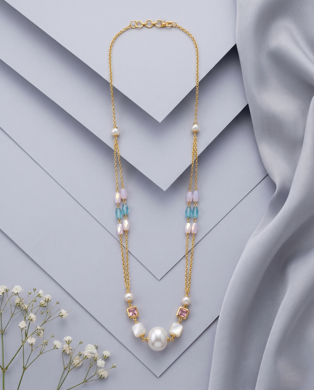 Handmade Baroque Pearl, Opal Crystal & Pastel Stone Mala Necklace Set with Matching Faceted Opal Crystal Earrings