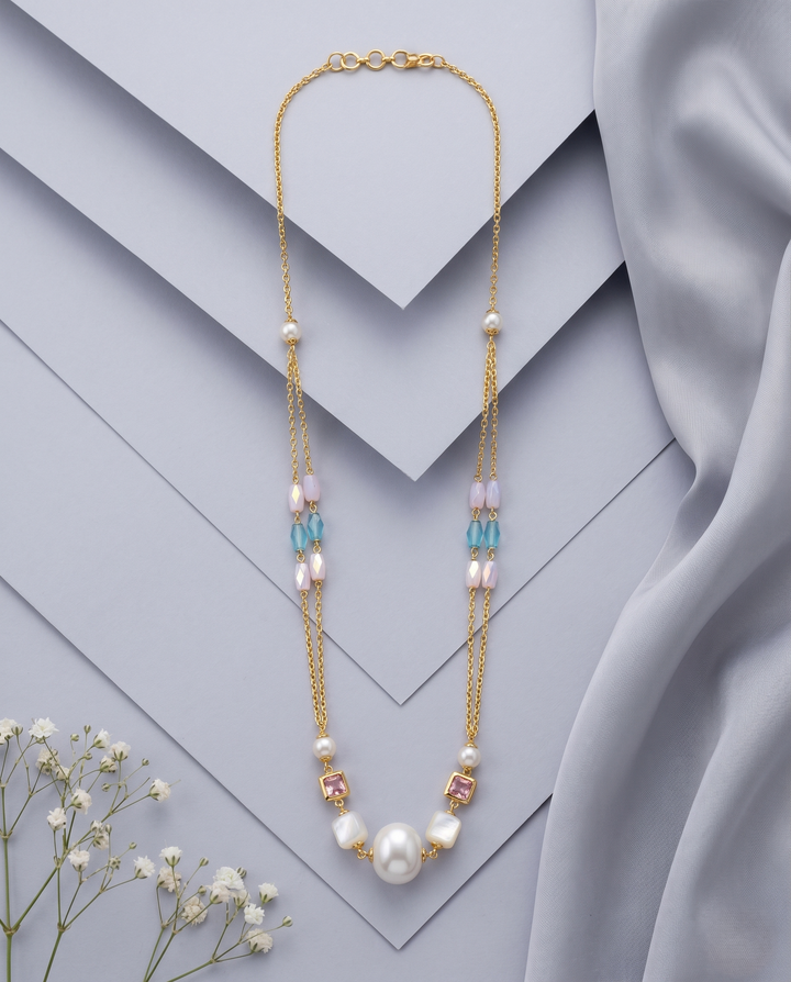 Handmade Baroque Pearl, Opal Crystal & Pastel Stone Mala Necklace Set with Matching Faceted Opal Crystal Earrings