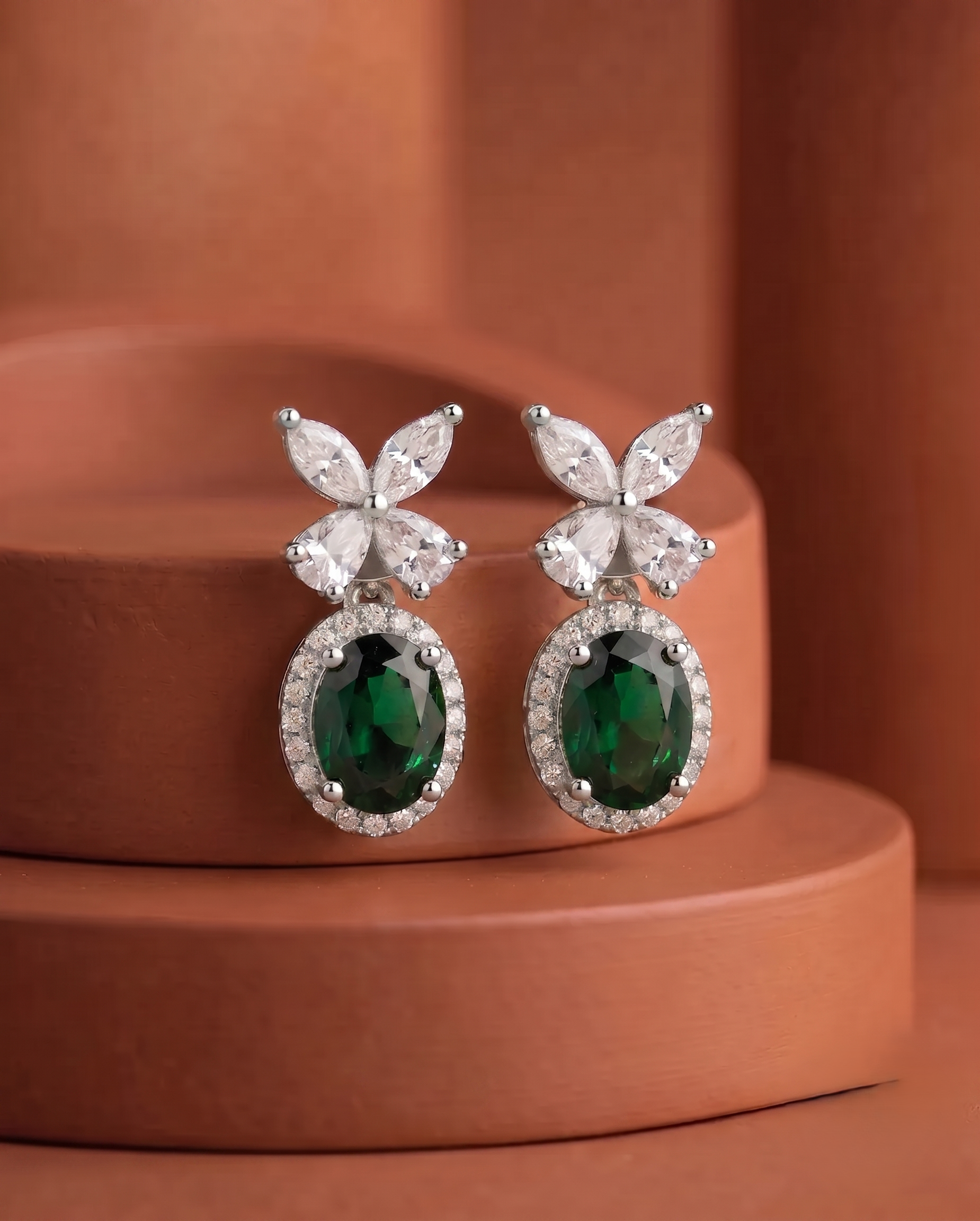 Veloura Bloom Drops – Floral Diamond Oval Earrings in Ruby, Black, White & Green
