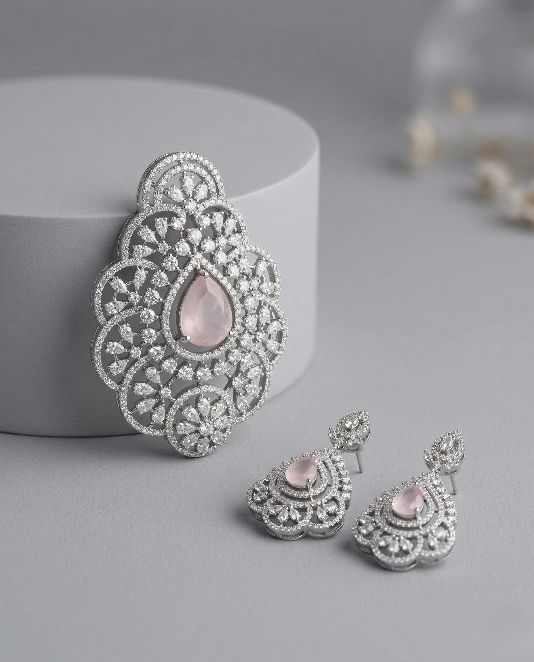 Premium Blush Pink Teardrop Floral Pendant Set in Silver Tone