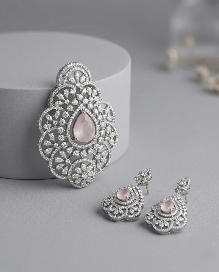 Premium Blush Pink Teardrop Floral Pendant Set in Silver Tone