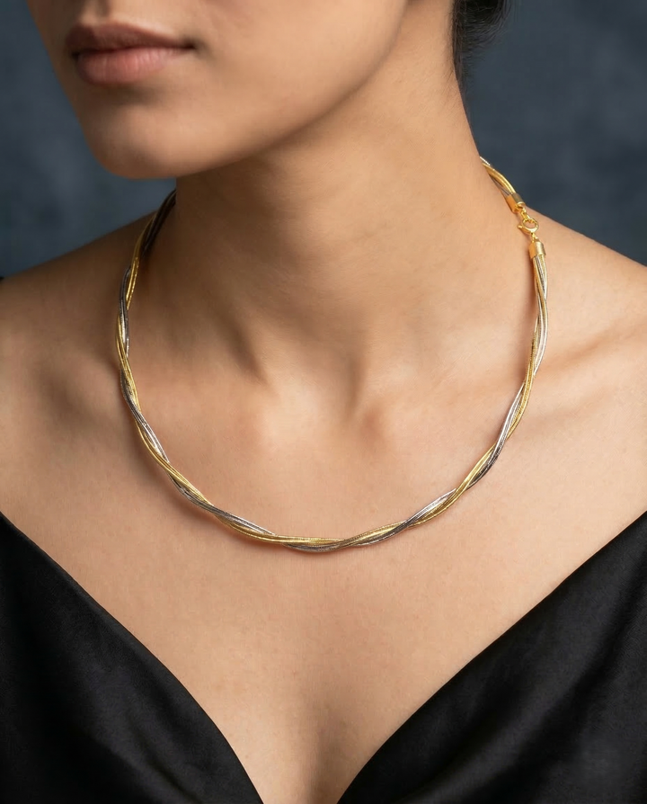 6 Liner Twisted Gold Silver Hasli Chain Necklace