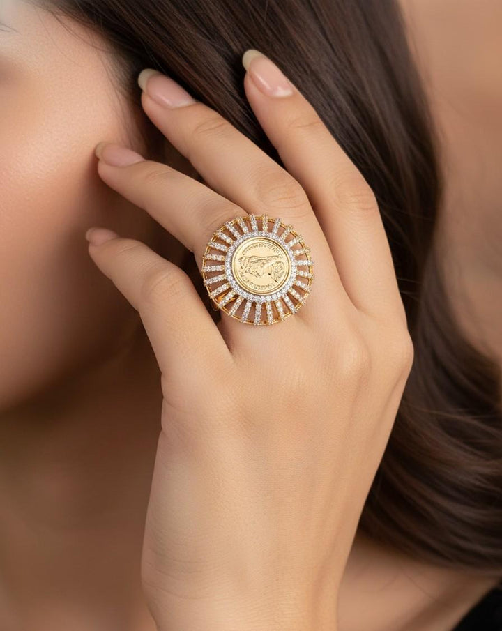 Vintage Coin Medallion Diamond Finish Adjustable Ring for Women