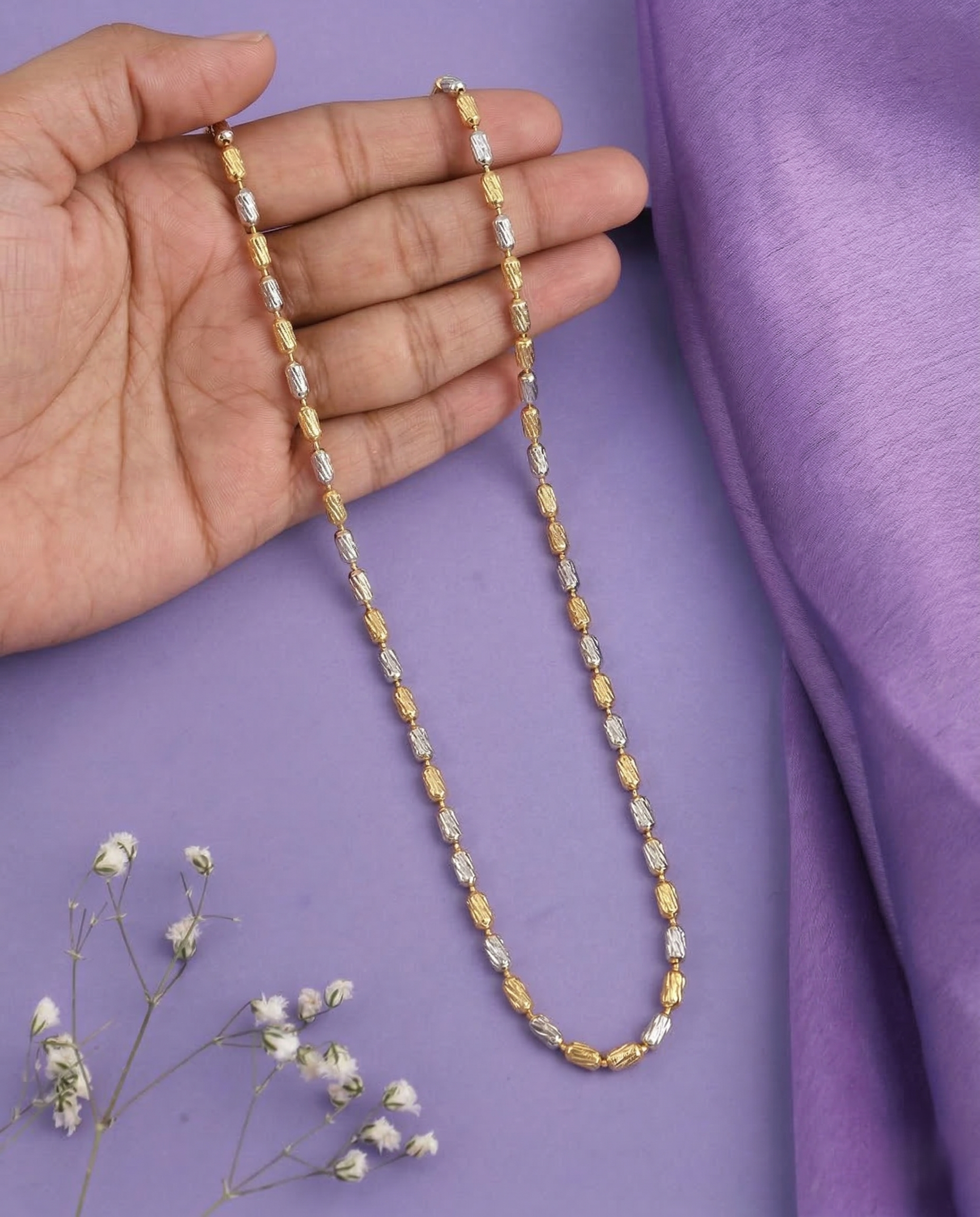 Two Tone Oval Beaded Long Chain Necklace | Gold Silver Textured Bead Chain for Women