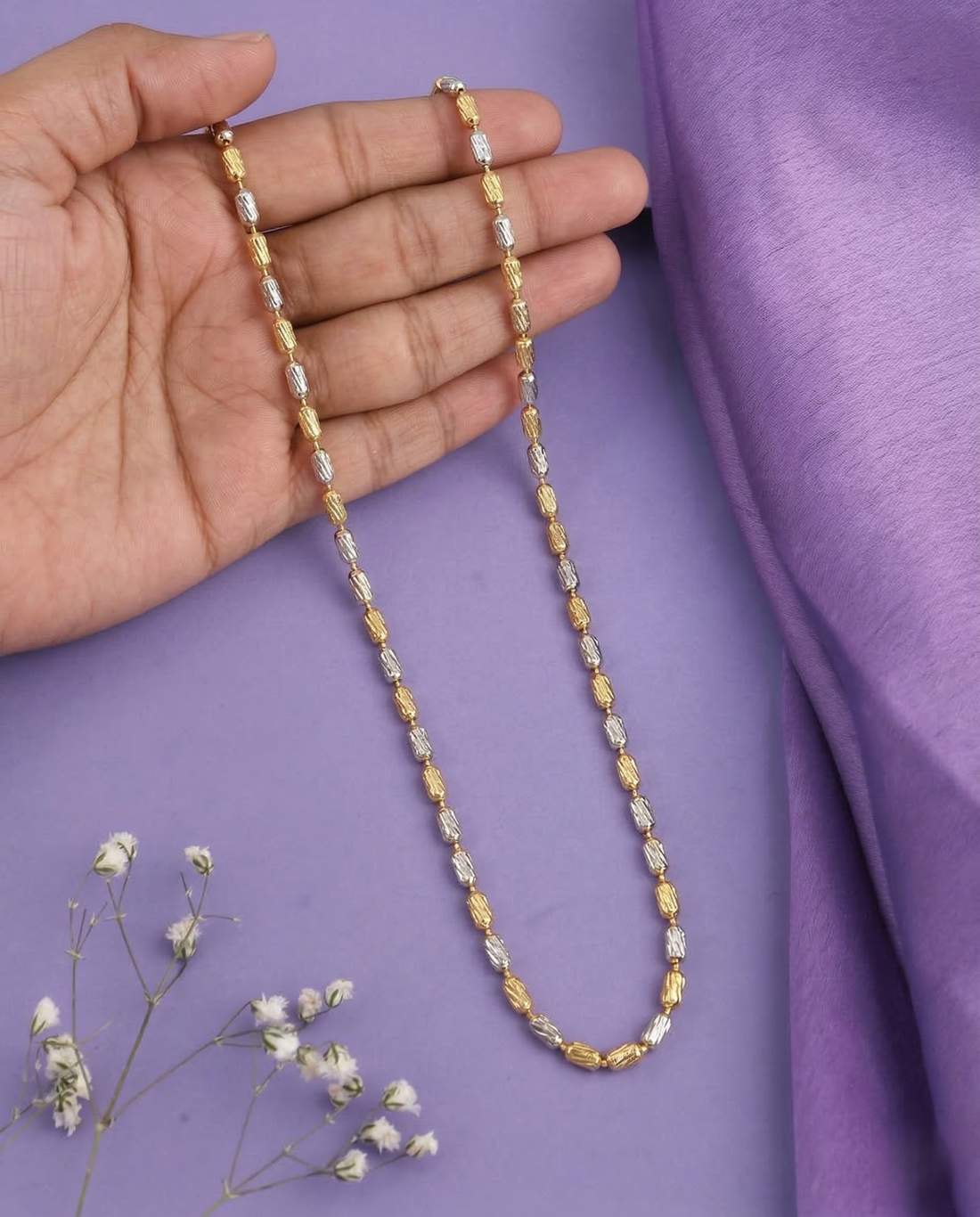 Two Tone Oval Beaded Long Chain Necklace | Gold Silver Textured Bead Chain for Women