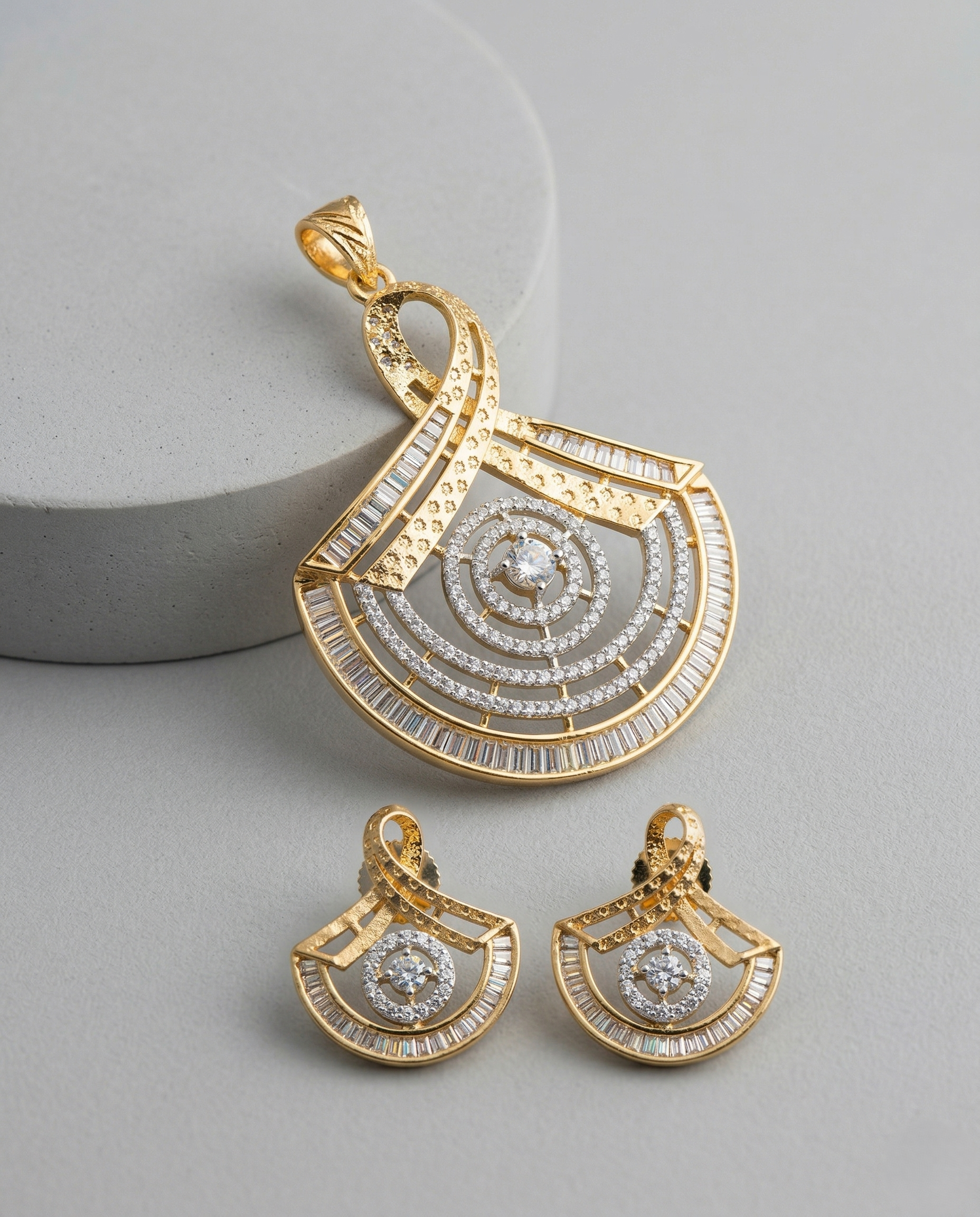 Premium Spiral Arc Crystal Pendant Set in Gold Plated Finish