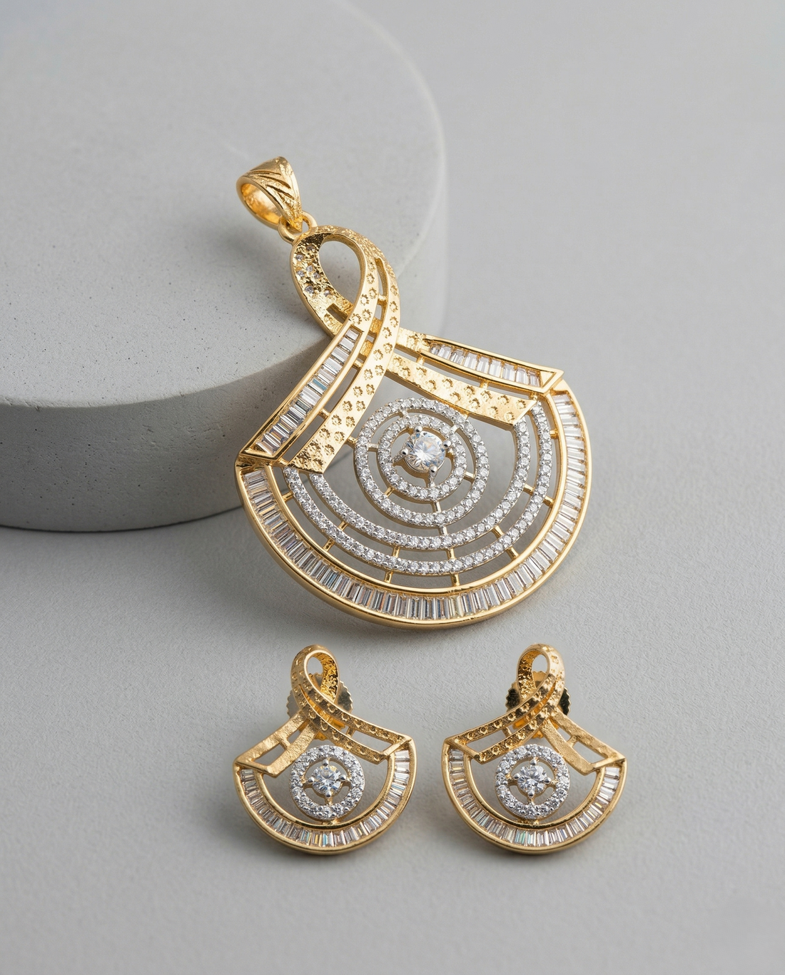 Premium Spiral Arc Crystal Pendant Set in Gold Plated Finish