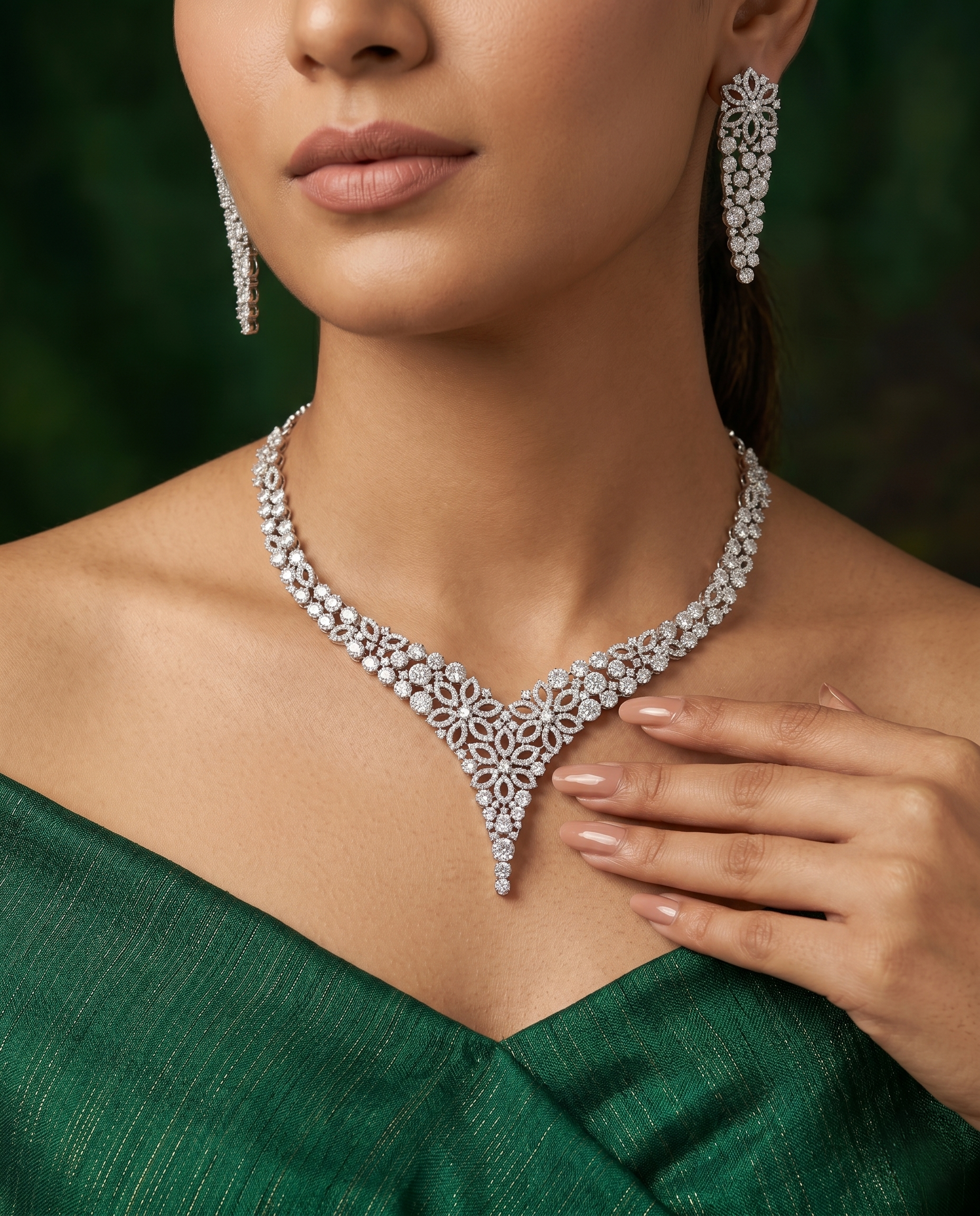 Floral Diamond Style Statement Necklace Set with Matching Earrings