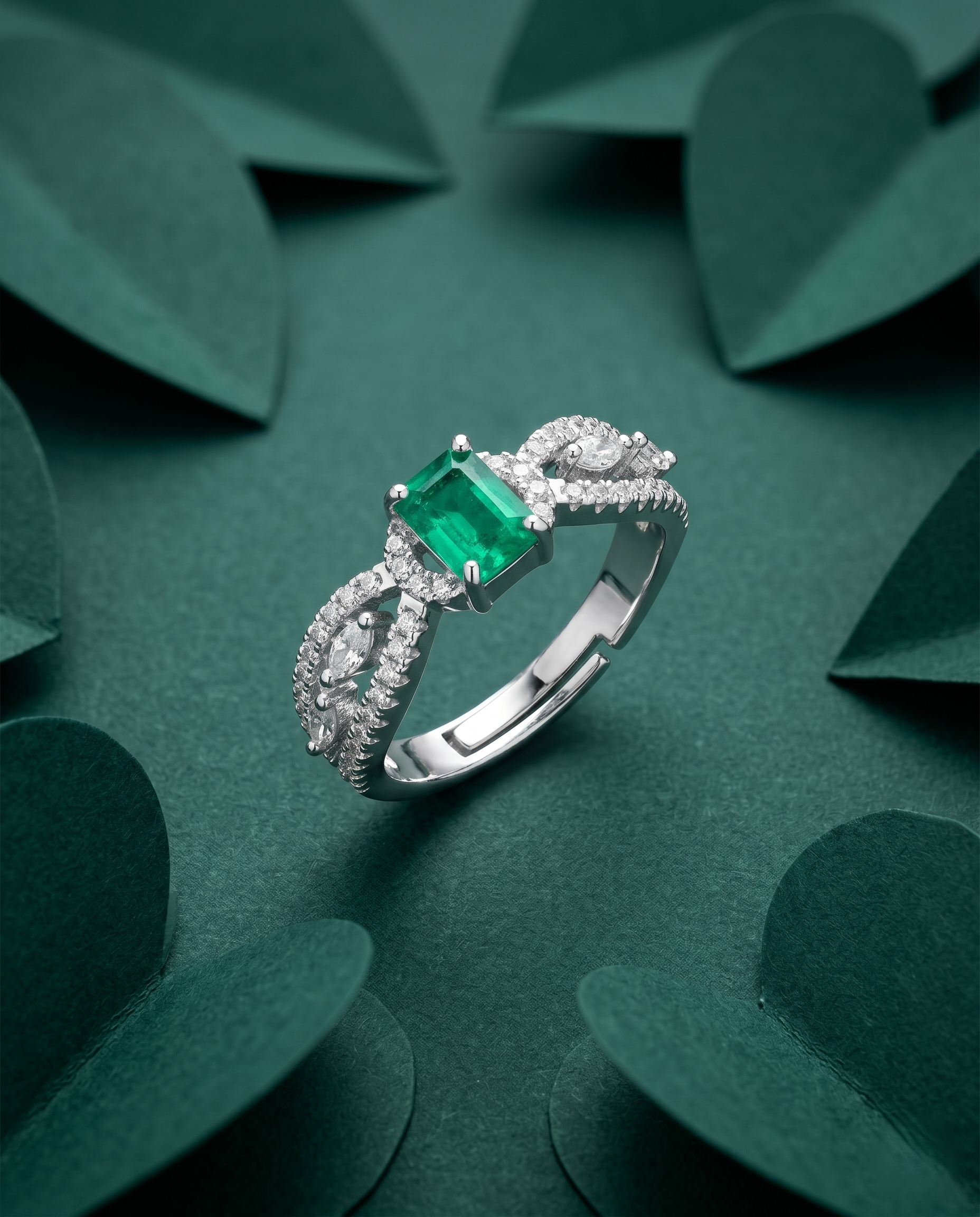 Emerald Cut Diamond Look Ring Silver Plated Adjustable – Red / Green / White Stone
