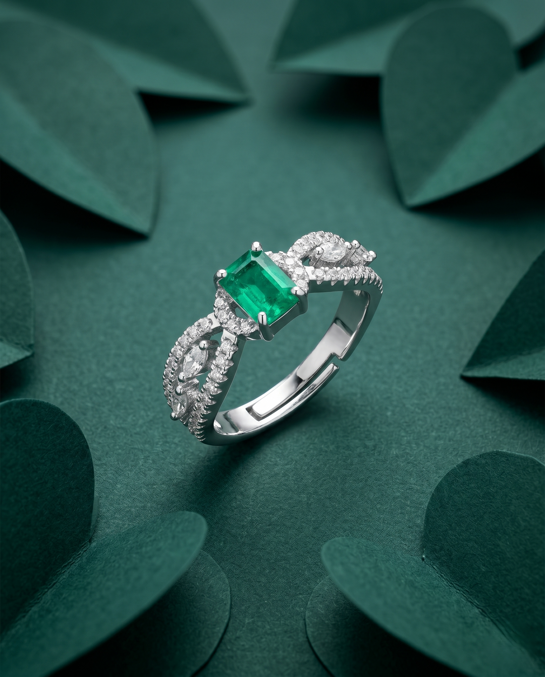 Emerald Cut Diamond Look Ring Silver Plated Adjustable – Red / Green / White Stone