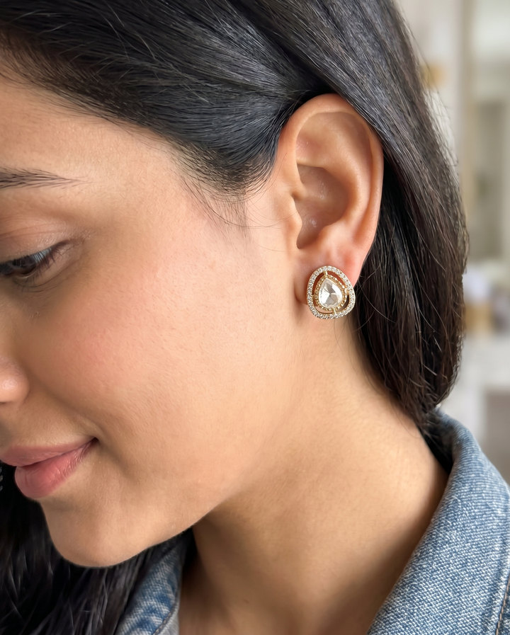 Oval Crystal Double Halo Stud Earrings with Micro Stone Border in Gold Finish