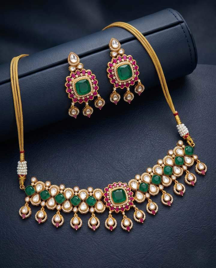 Emerald Kundan Choker Necklace Set with Earrings – Royal Bridal Jewellery