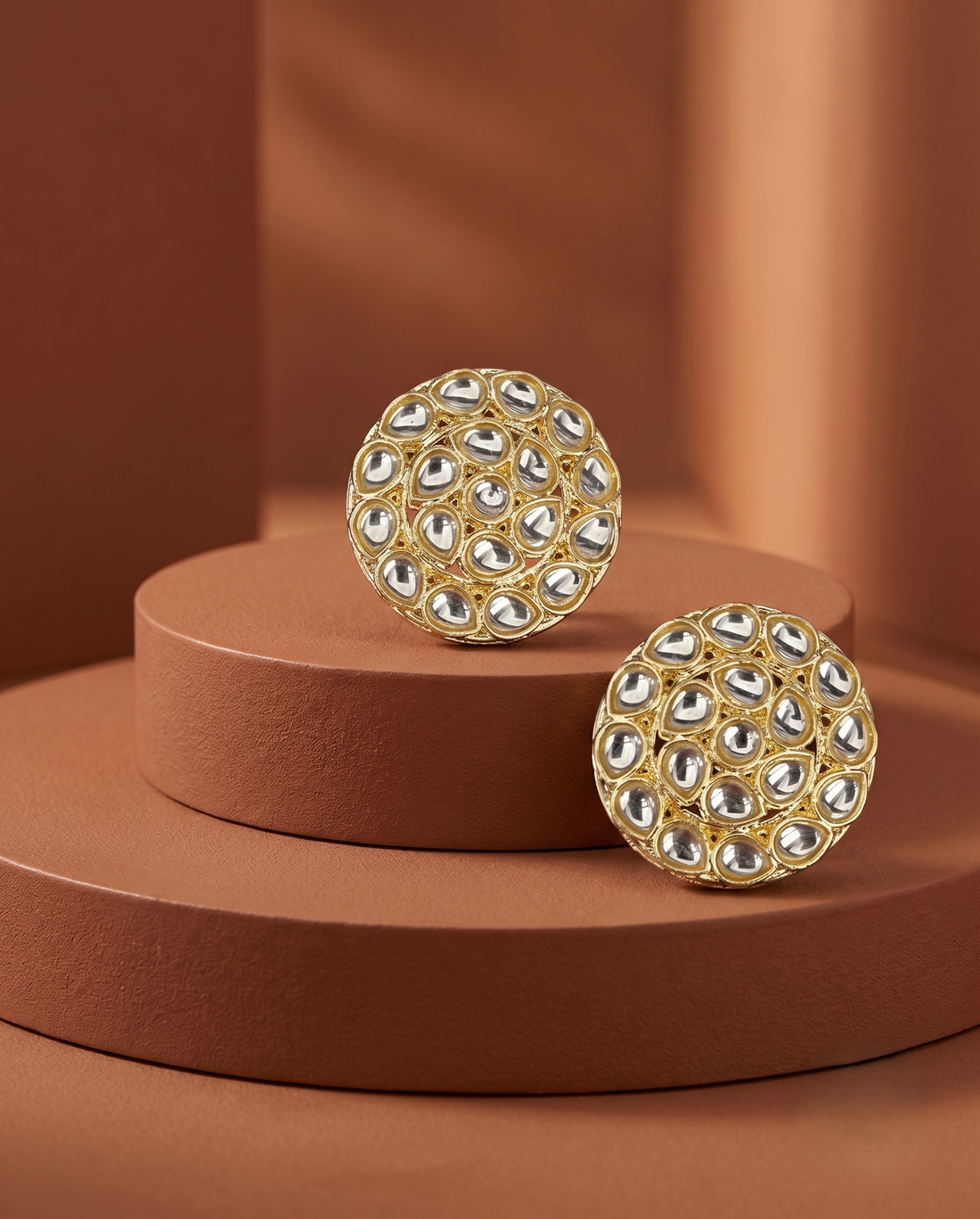 Round Kundan Cluster Stud Earrings with Teardrop & Round Stone Setting (Gold Finish)