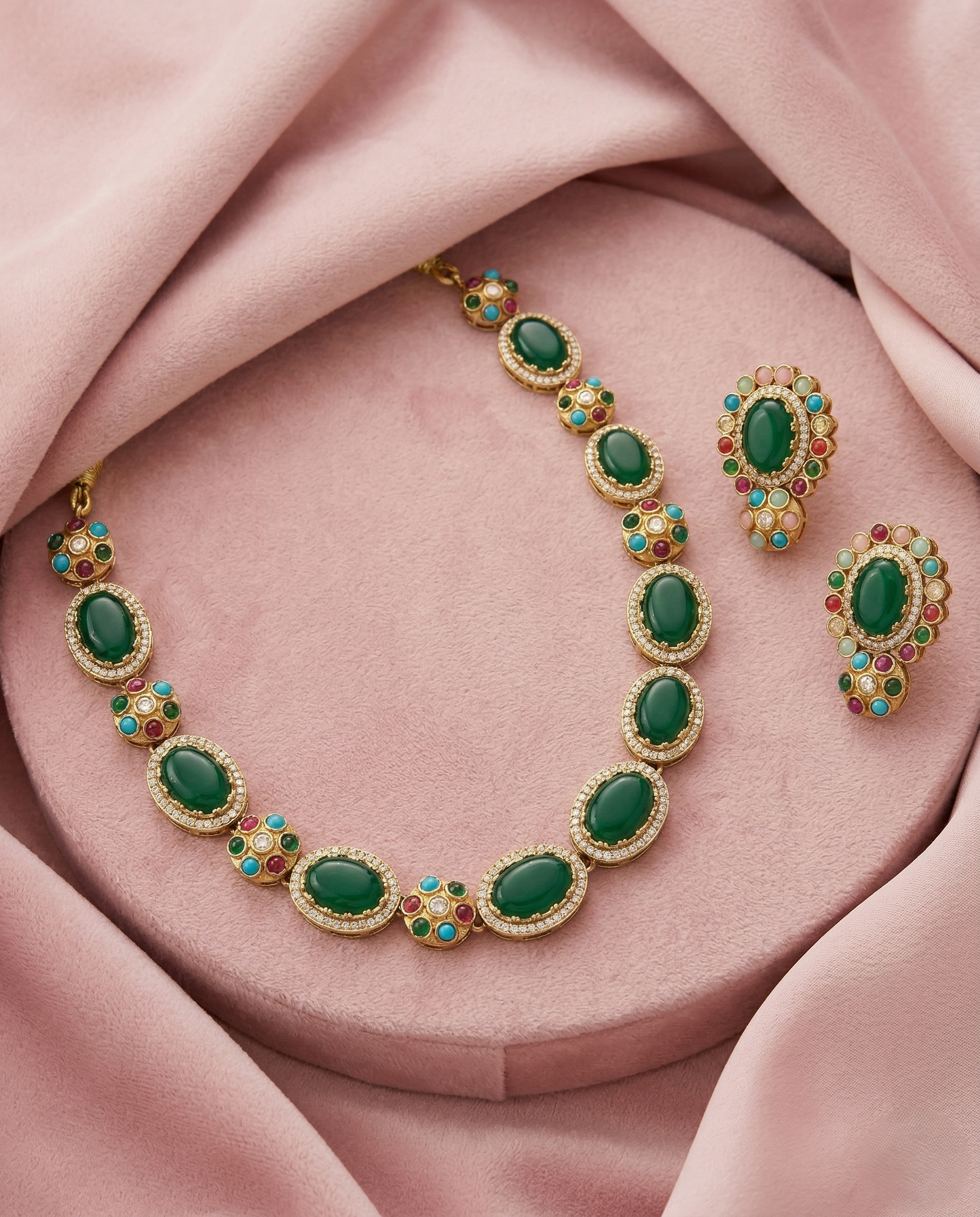 Premium Multicolor Oval Stone Statement Necklace Set (Green / Red / Yellow Variants)