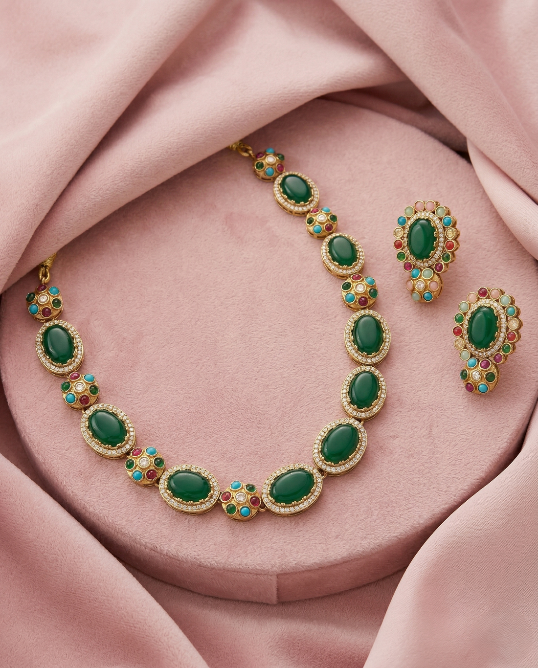 Premium Multicolor Oval Stone Statement Necklace Set (Green / Red / Yellow Variants)