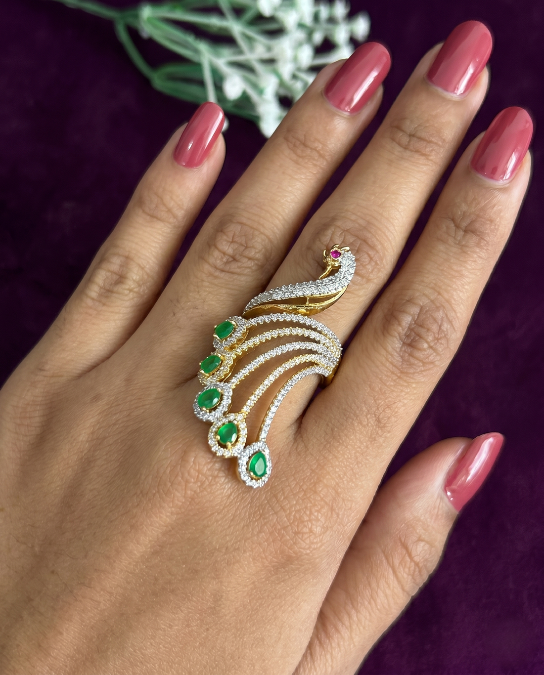 Mayura Grace Adjustable Peacock Statement Ring – Fit for All Fingers