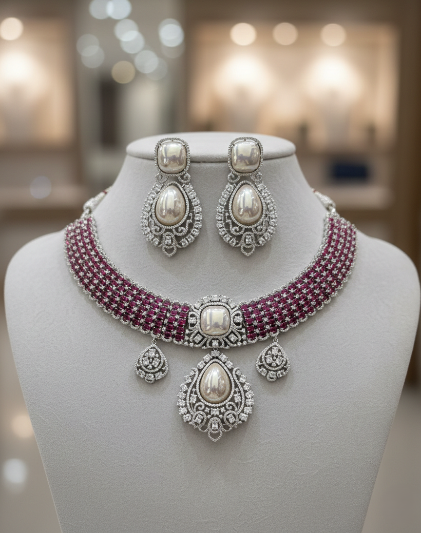 Pink Stone American Diamond Pearl Choker Necklace Set