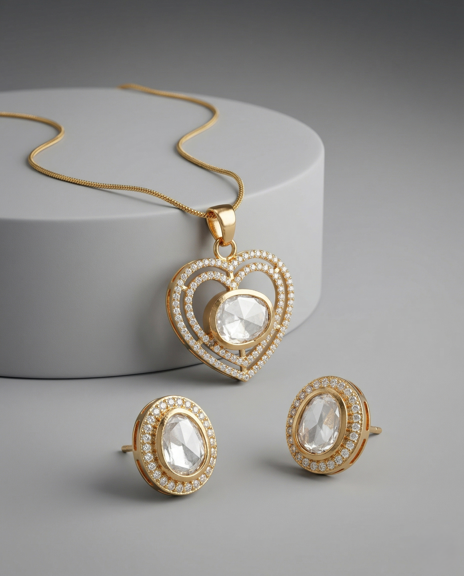 Premium Gold Tone Heart Halo Oval Diamond Pendant with Chain & Matching Earrings