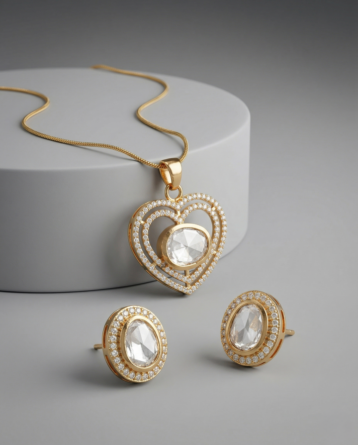 Premium Gold Tone Heart Halo Oval Diamond Pendant with Chain & Matching Earrings
