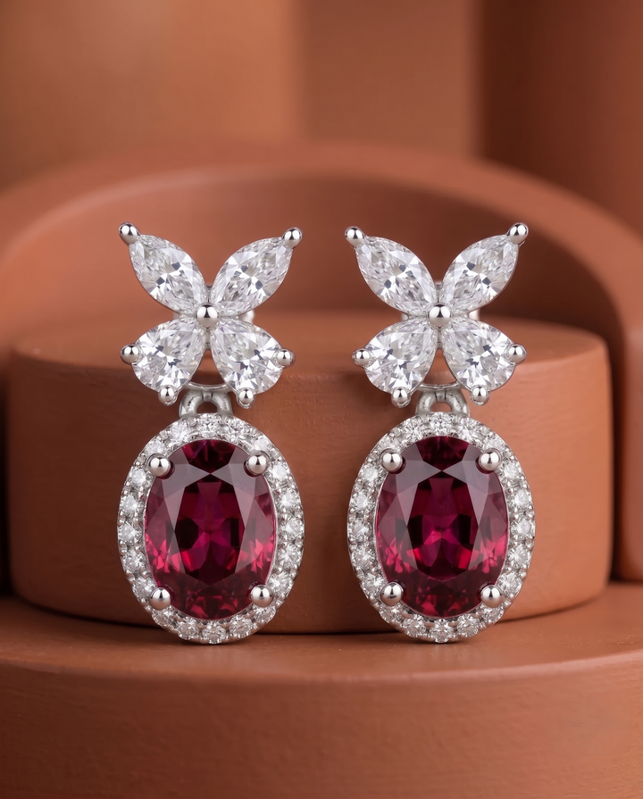 Veloura Bloom Drops – Floral Diamond Oval Earrings in Ruby, Black, White & Green