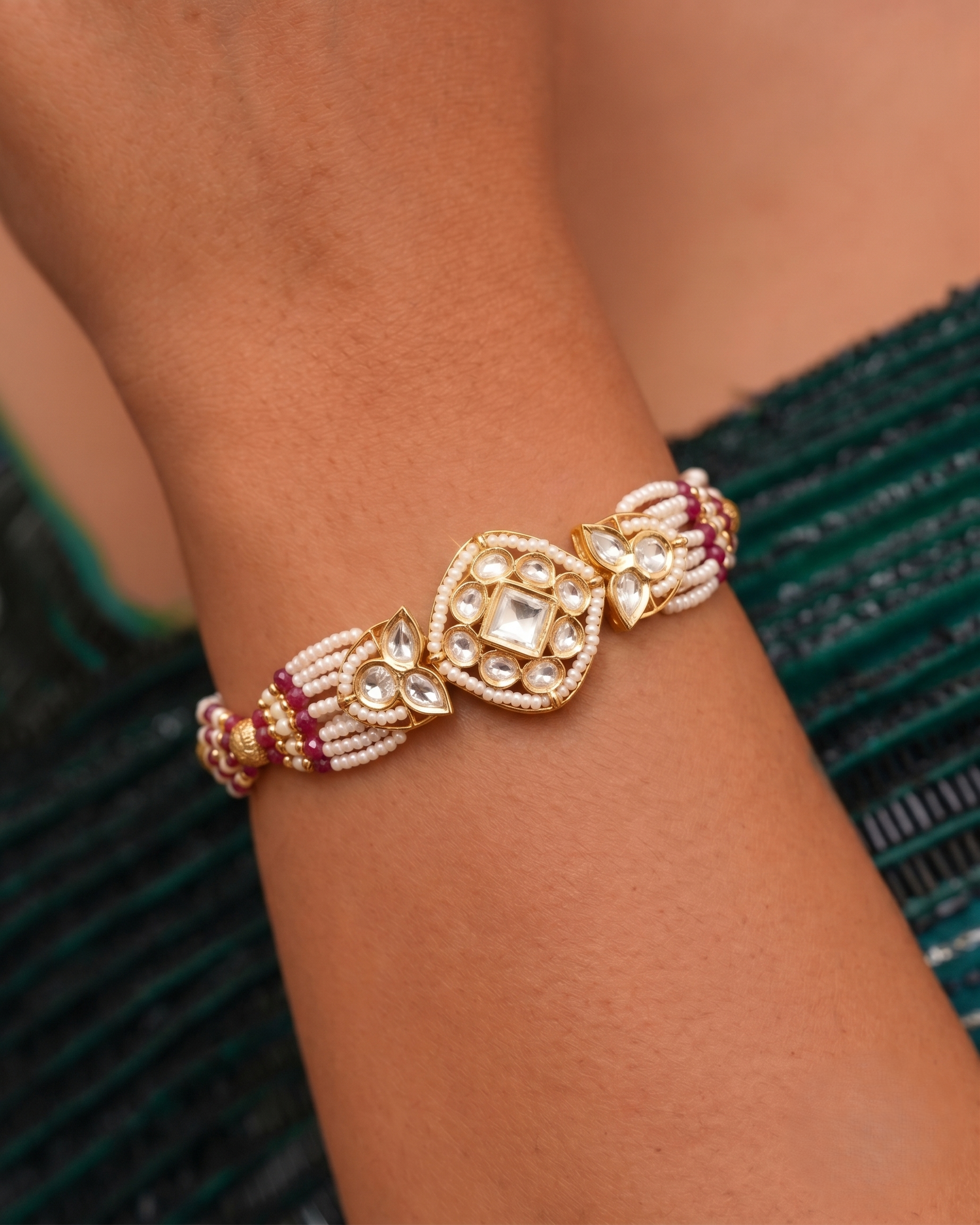 Luxury Royal Pearl Kundan Hand Bracelet / openable  for Women