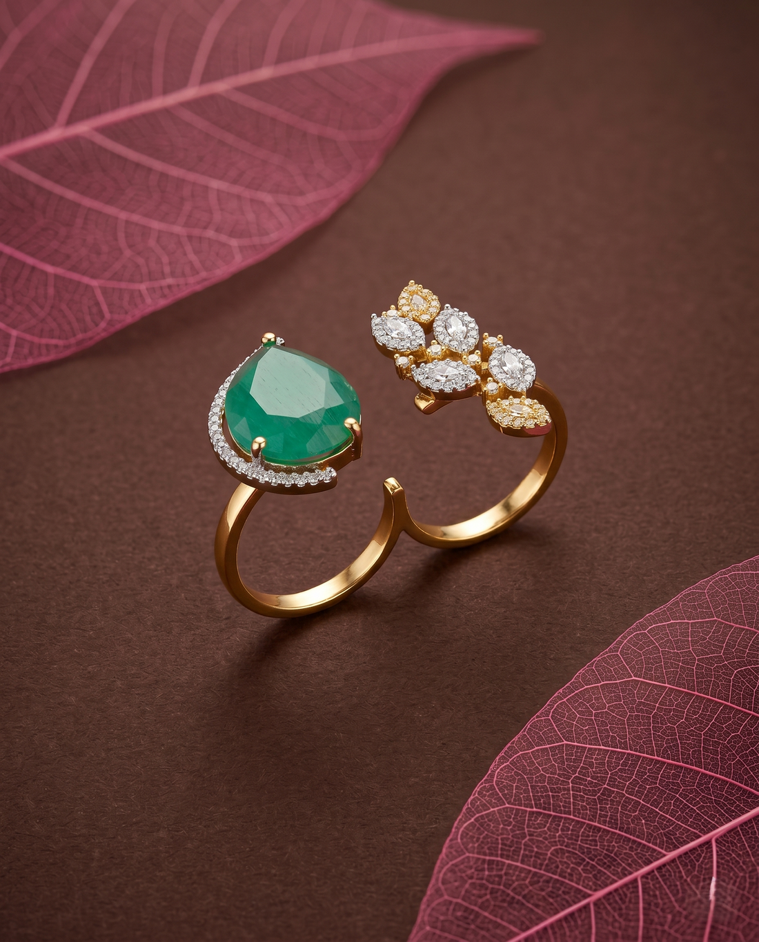 Dual Elegance Adjustable Ring – Statement Stone & Diamond Cluster | Fit for All Fingers