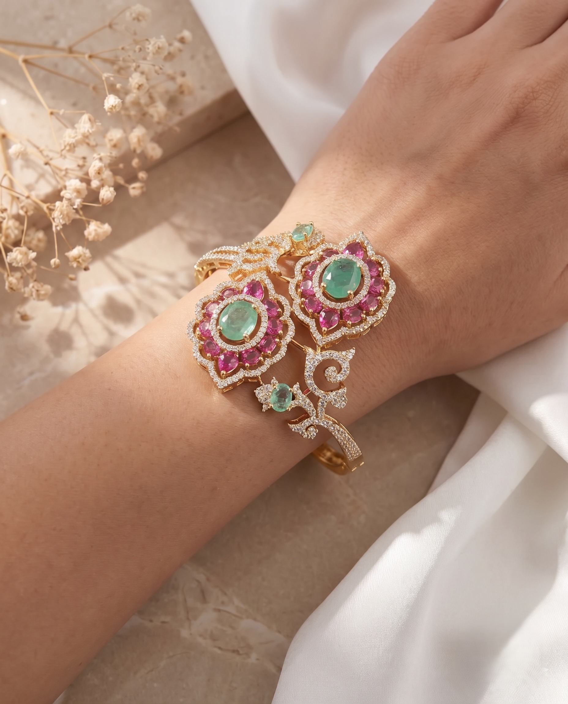 Vanya Emerald Bloom Open Cuff Kada | Gold Plated CZ Floral Bracelet for Women