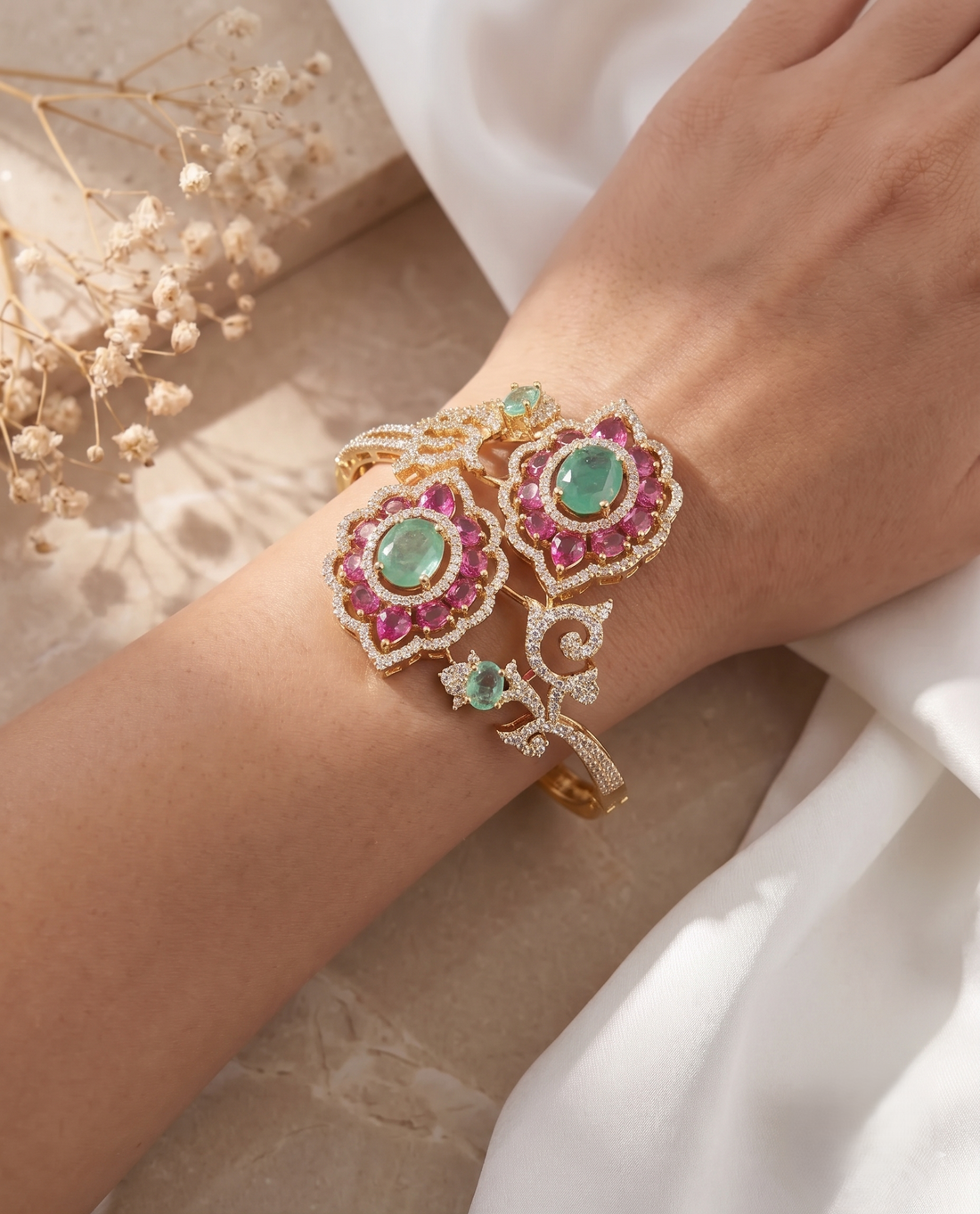 Vanya Emerald Bloom Open Cuff Kada | Gold Plated CZ Floral Bracelet for Women
