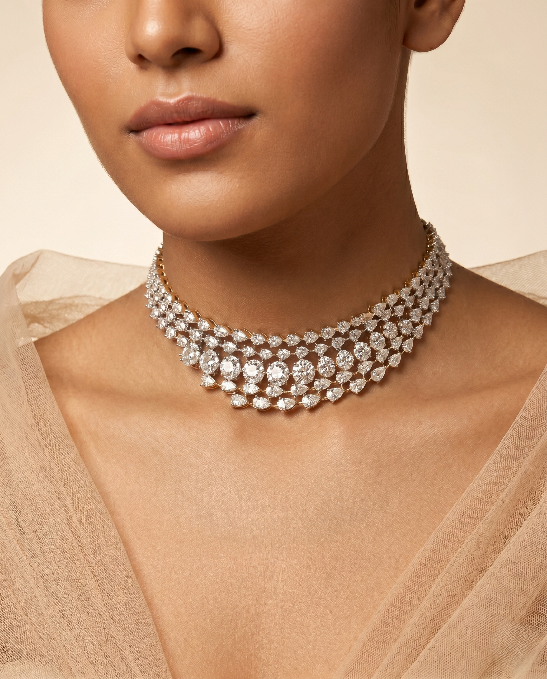 Diamond Look Choker Necklace Set with Long Earrings – Silver Finish