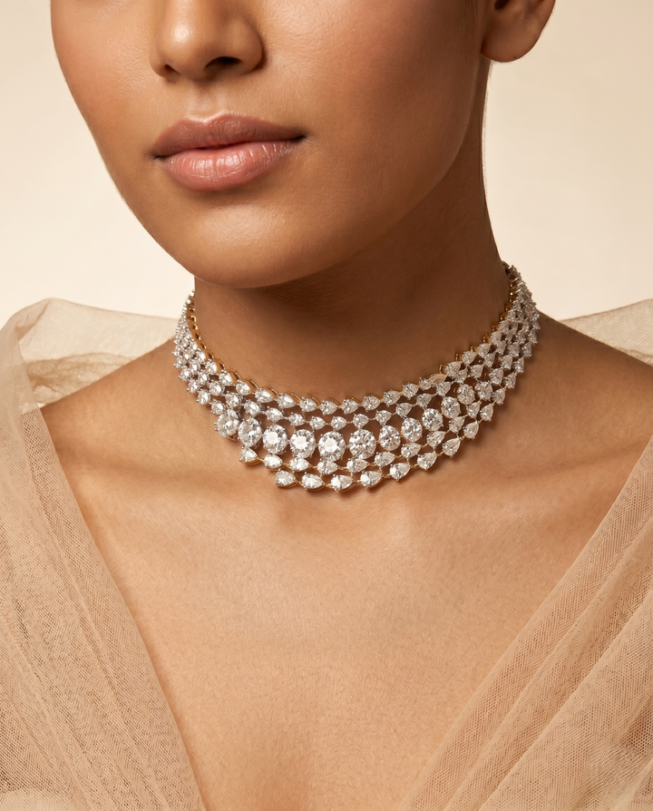 Diamond Look Choker Necklace Set with Long Earrings – Silver Finish