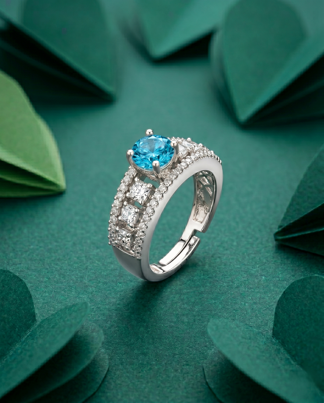 Premium Solitaire Diamond Look Ring Silver Plated Adjustable – 5 Color Variants