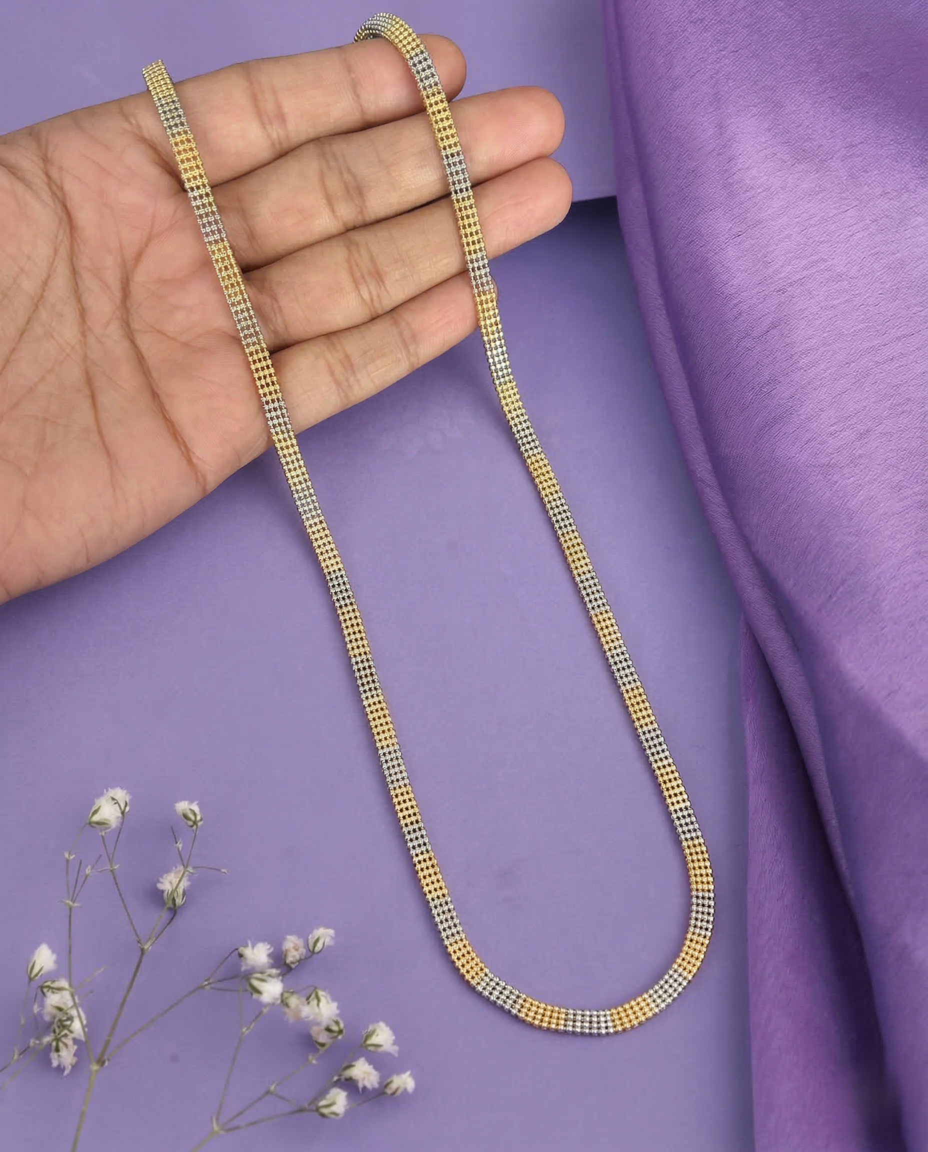 Two Tone Designer Flat Chain Necklace Gold Silver Finish