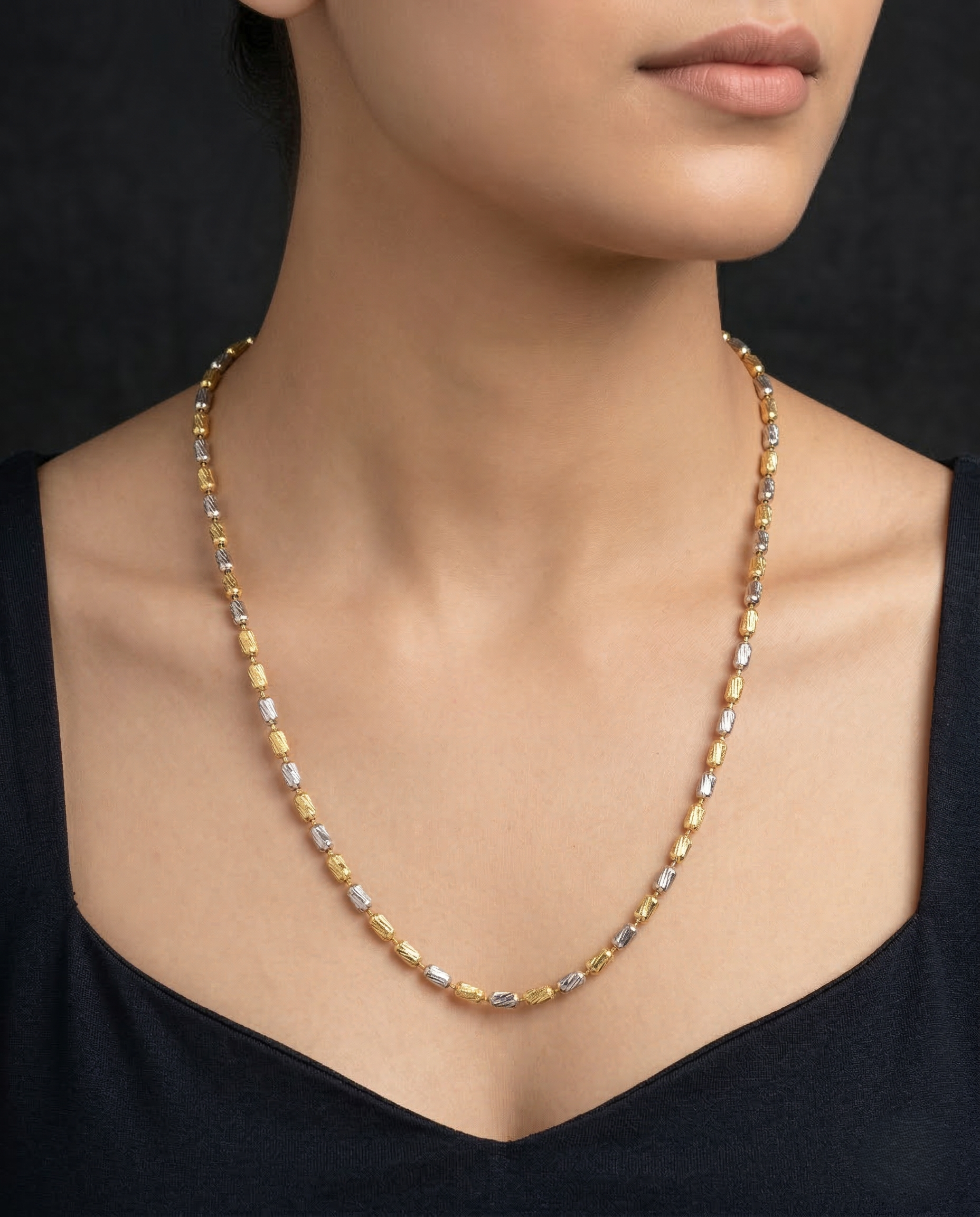 Two Tone Oval Beaded Long Chain Necklace | Gold Silver Textured Bead Chain for Women