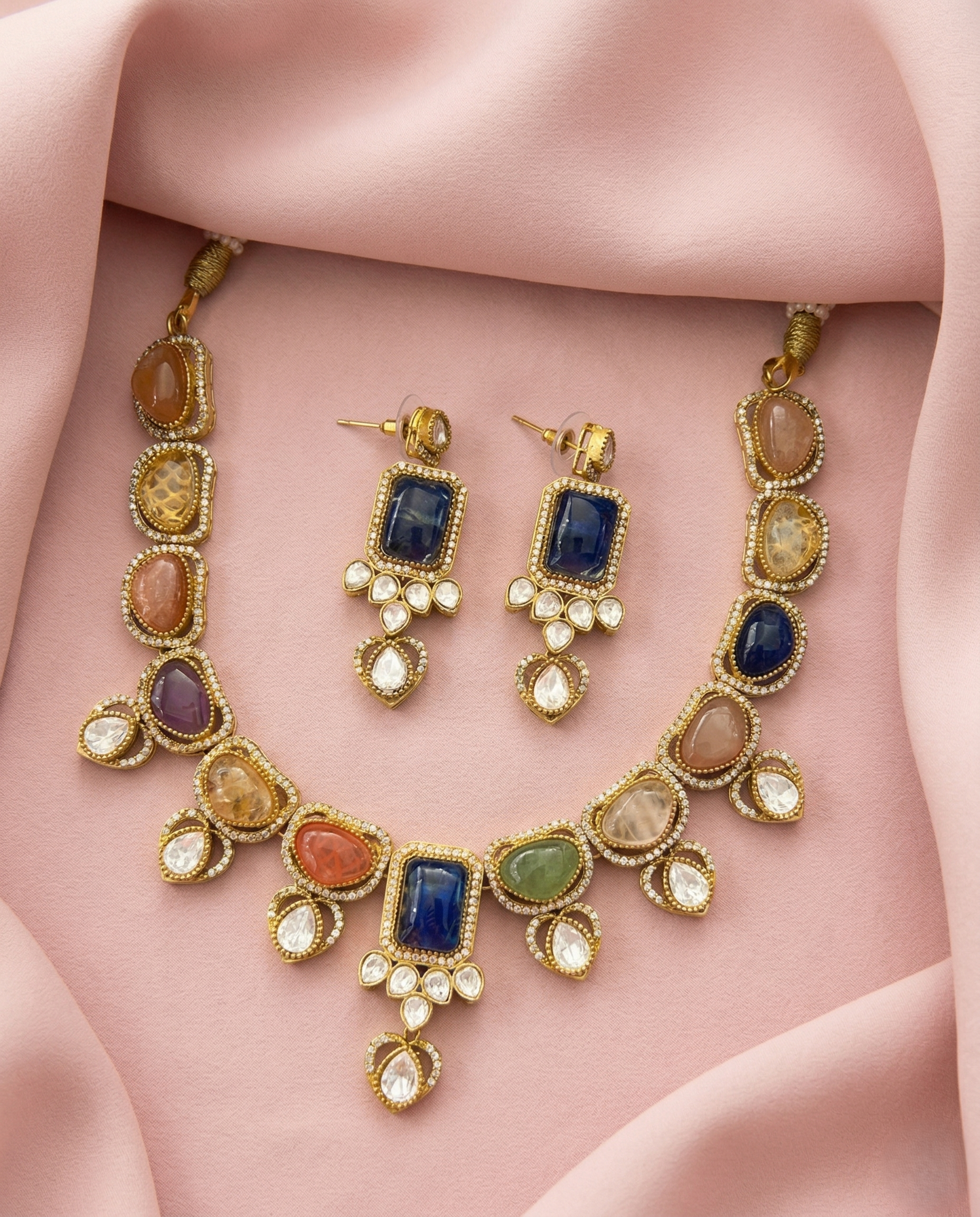 Premium Multicolor Natural Stone Statement Necklace Set with Earrings