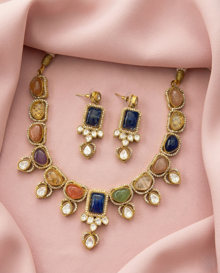 Premium Multicolor Natural Stone Statement Necklace Set with Earrings