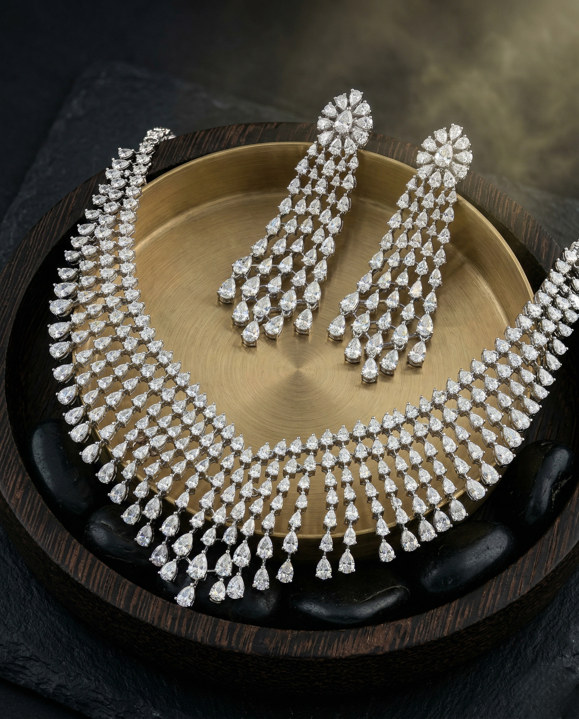 Luxury Diamond Waterfall Bridal Necklace Set with Long Drop Earrings