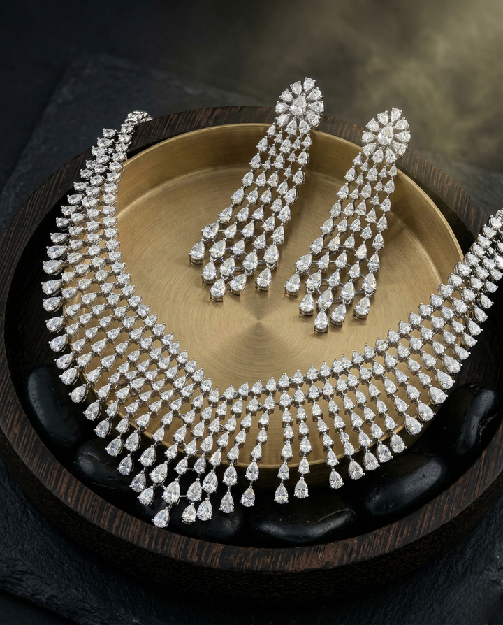 Luxury Diamond Waterfall Bridal Necklace Set with Long Drop Earrings