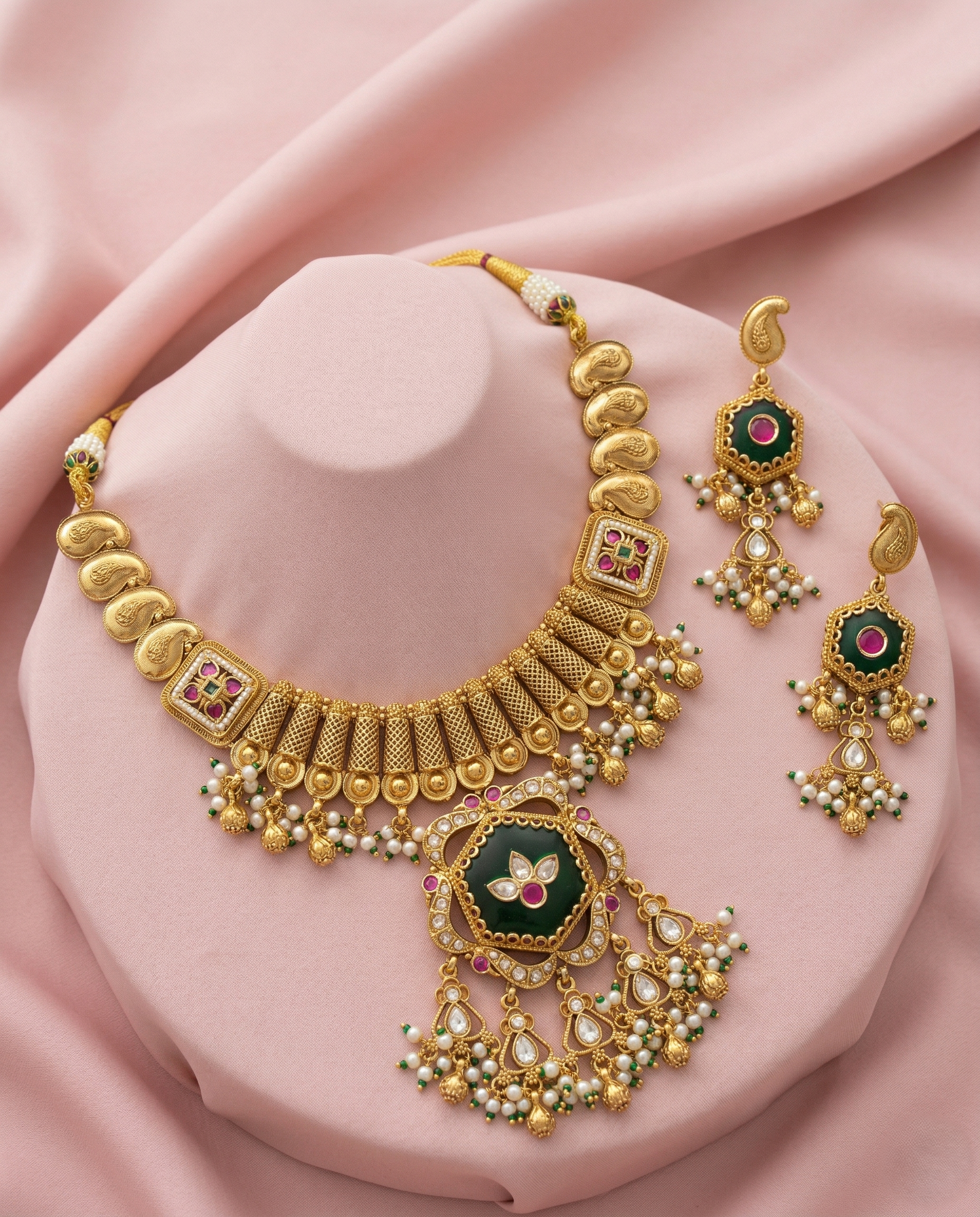 Premium Antique Finish Gold Plated Statement Necklace Set with Green Center Pendant and Ruby Detailing