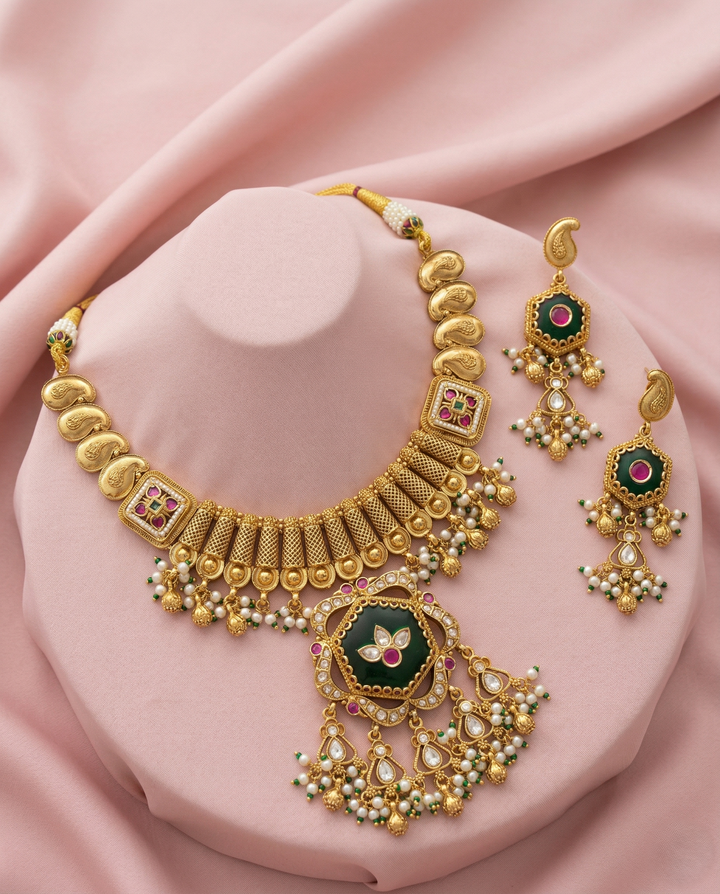 Premium Antique Finish Gold Plated Statement Necklace Set with Green Center Pendant and Ruby Detailing