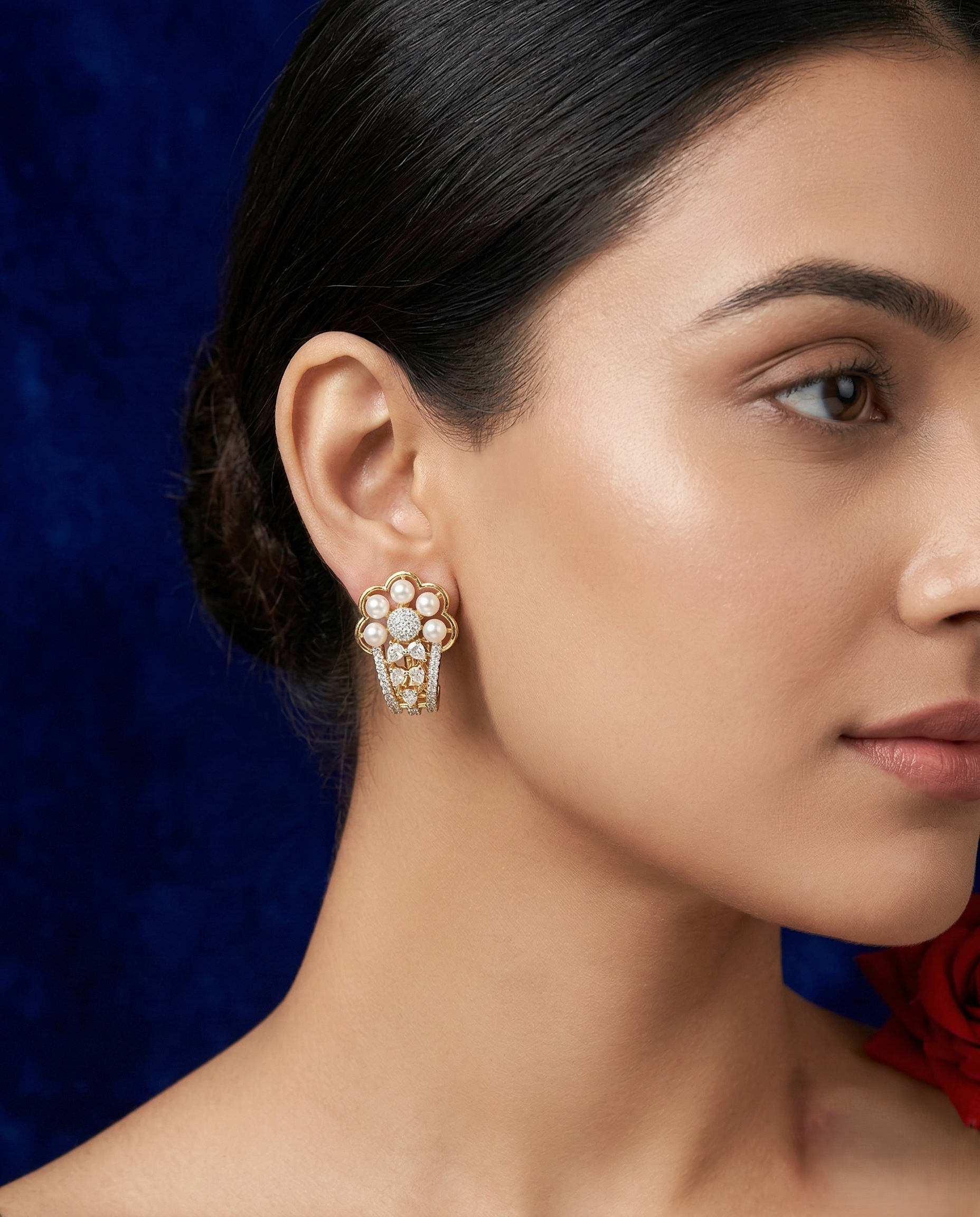 Designer Pearl & CZ Jhumka Stud Earrings – Gold & Oxidised Black Polish
