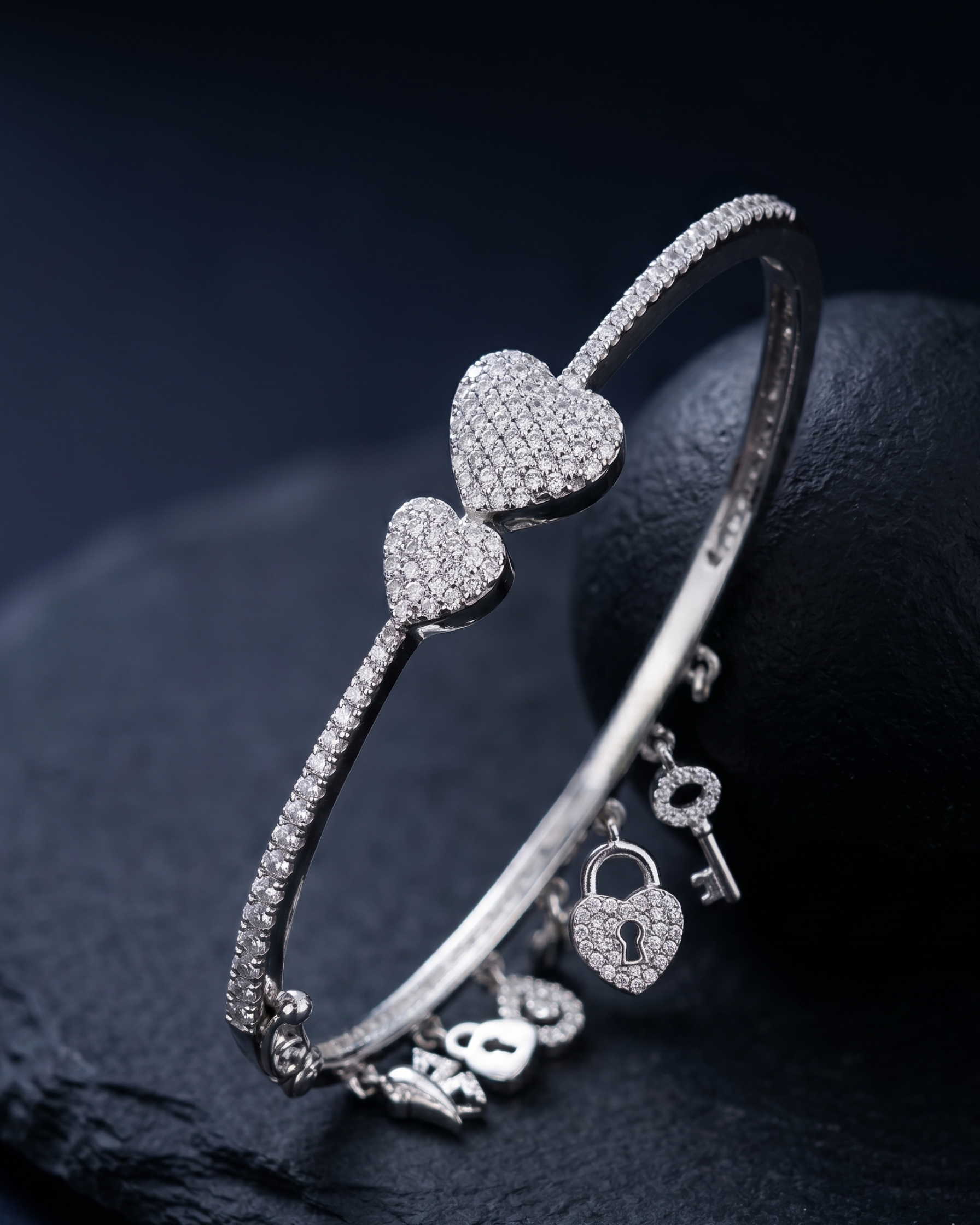 Heart Charm Diamond Look Silver Kada for Women | Elegant Openable Bracelet